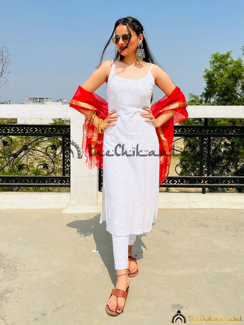 White Kurta Set With Bandhani Dupatta | YOYO Fashion